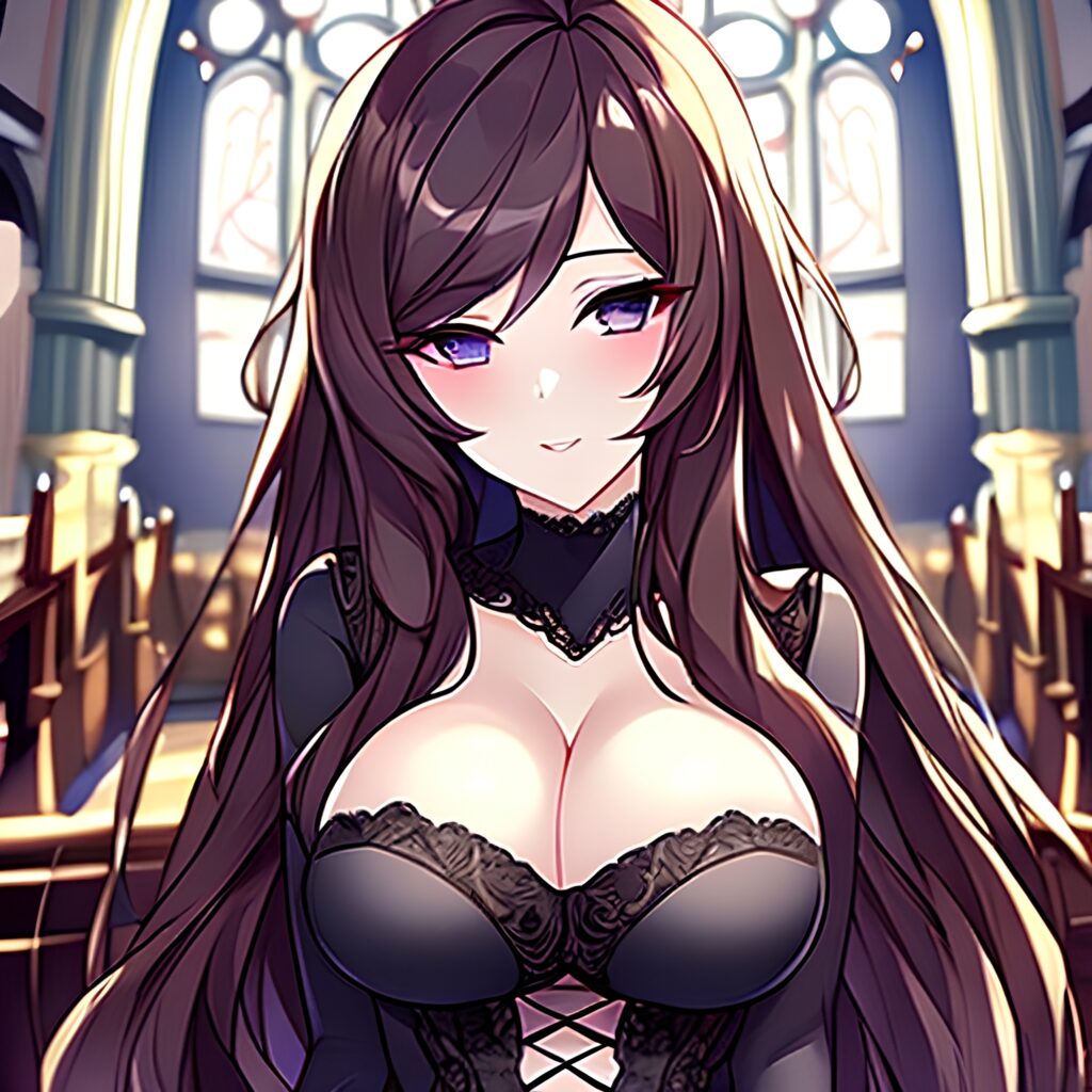 brunette woman church long hair messy hair fishnet