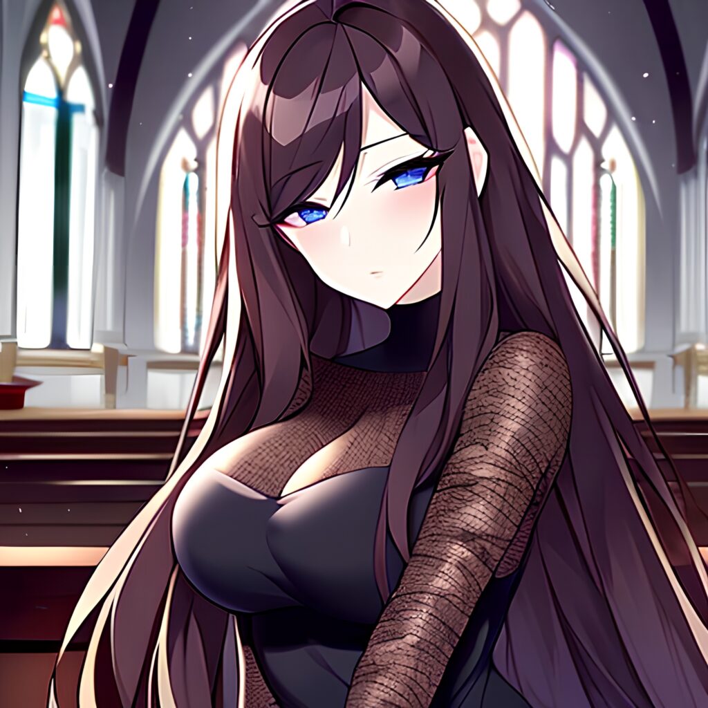 brunette woman church messy hair fishnet long hair