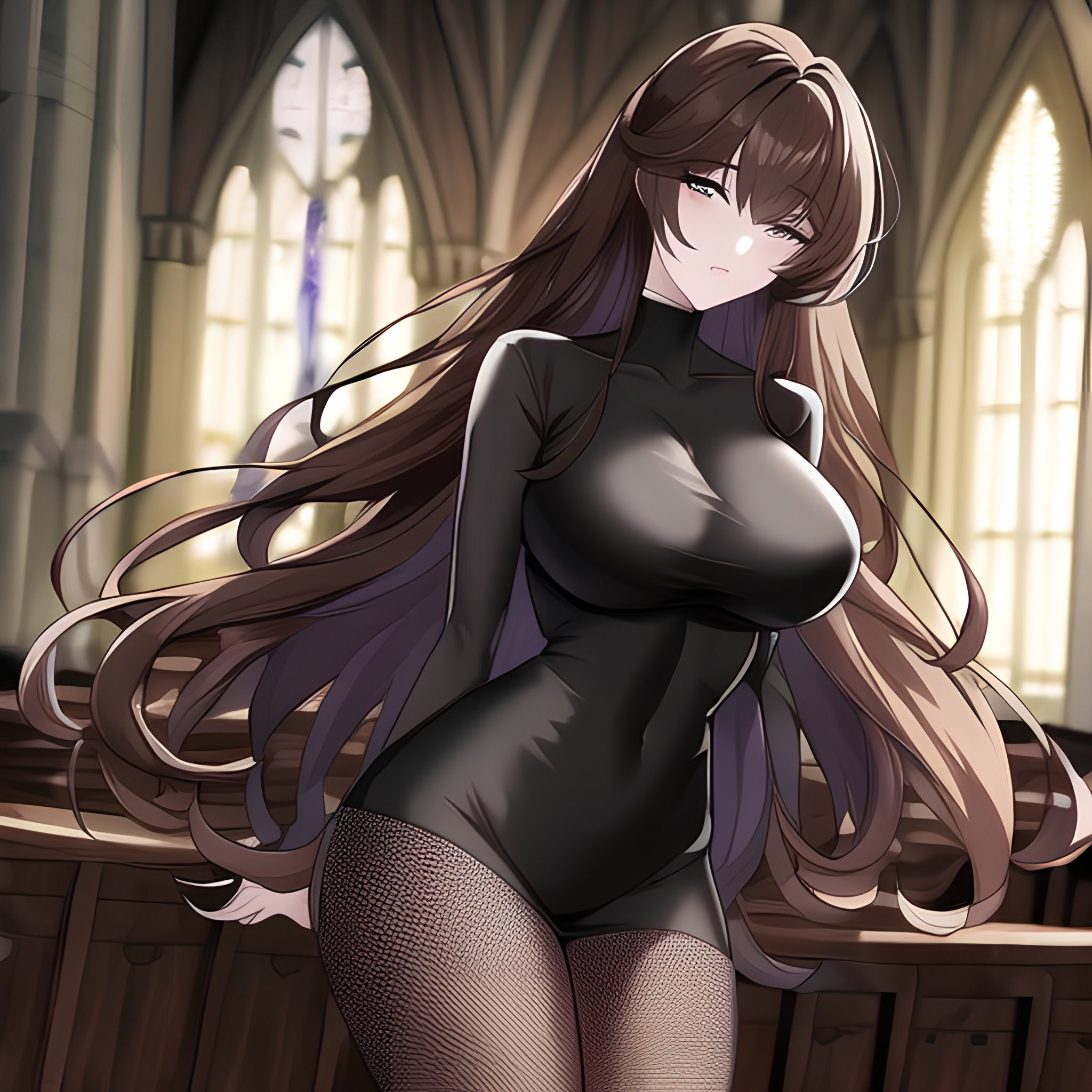brunette woman church messy hair fishnet long hair