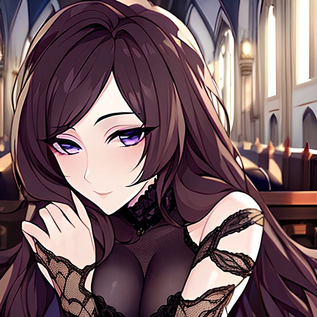 brunette woman church messy hair fishnet long hair 