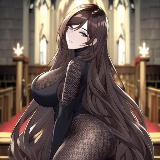 brunette woman church messy hair fishnet long hair