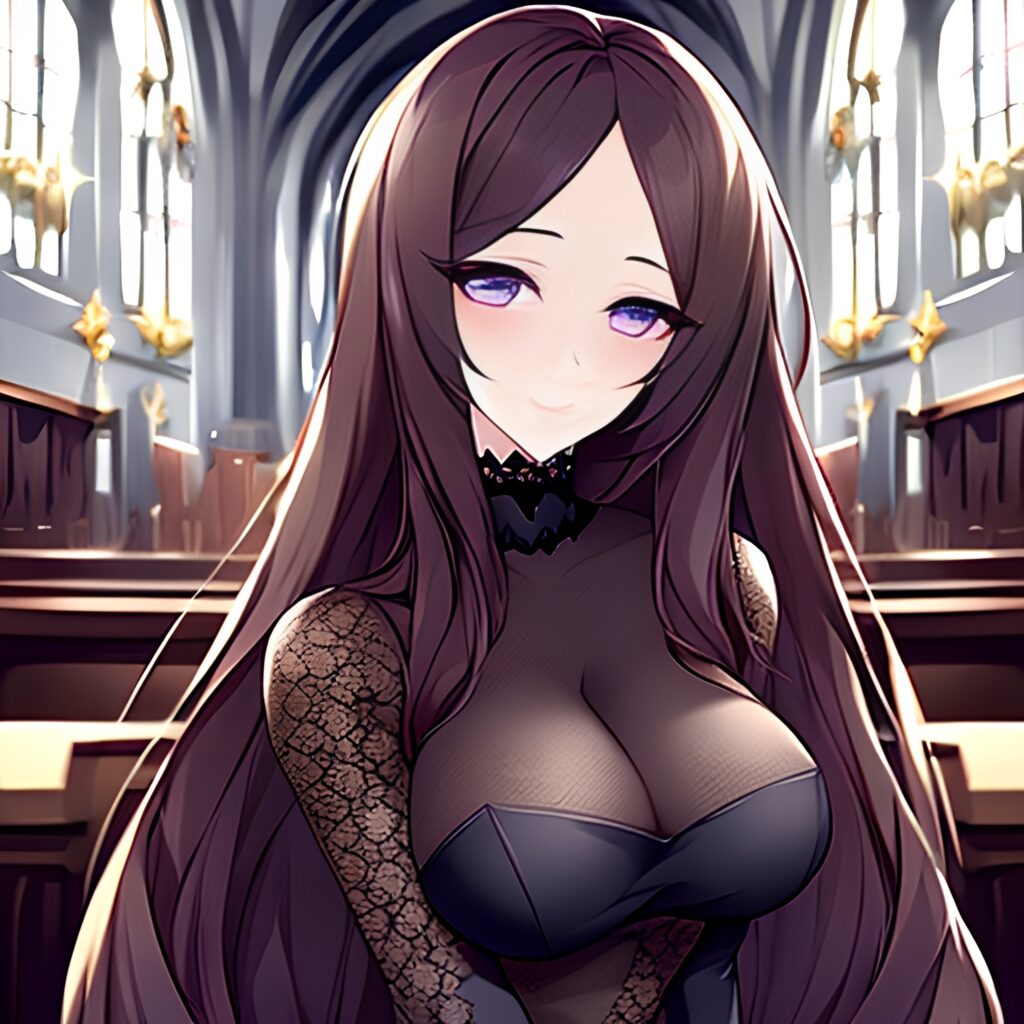 brunette woman church messy hair fishnet long hair