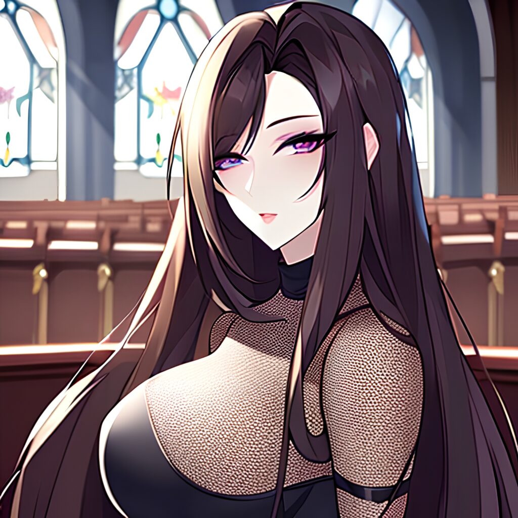 brunette woman church messy hair long hair fishnet