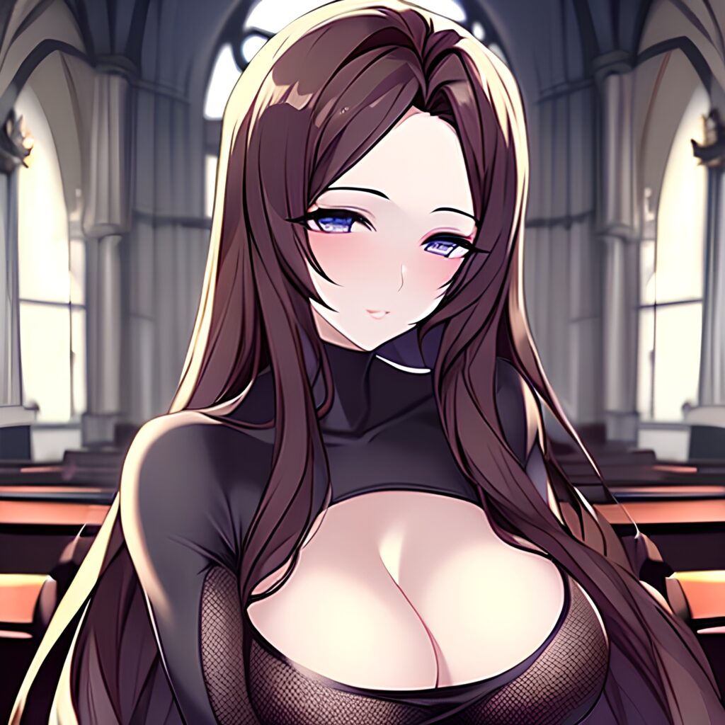brunette woman church messy hair long hair fishnet