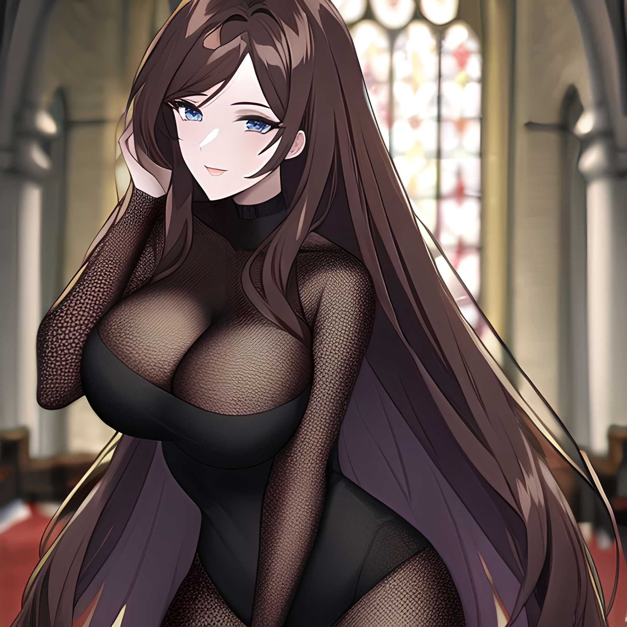 brunette woman church messy hair long hair fishnet