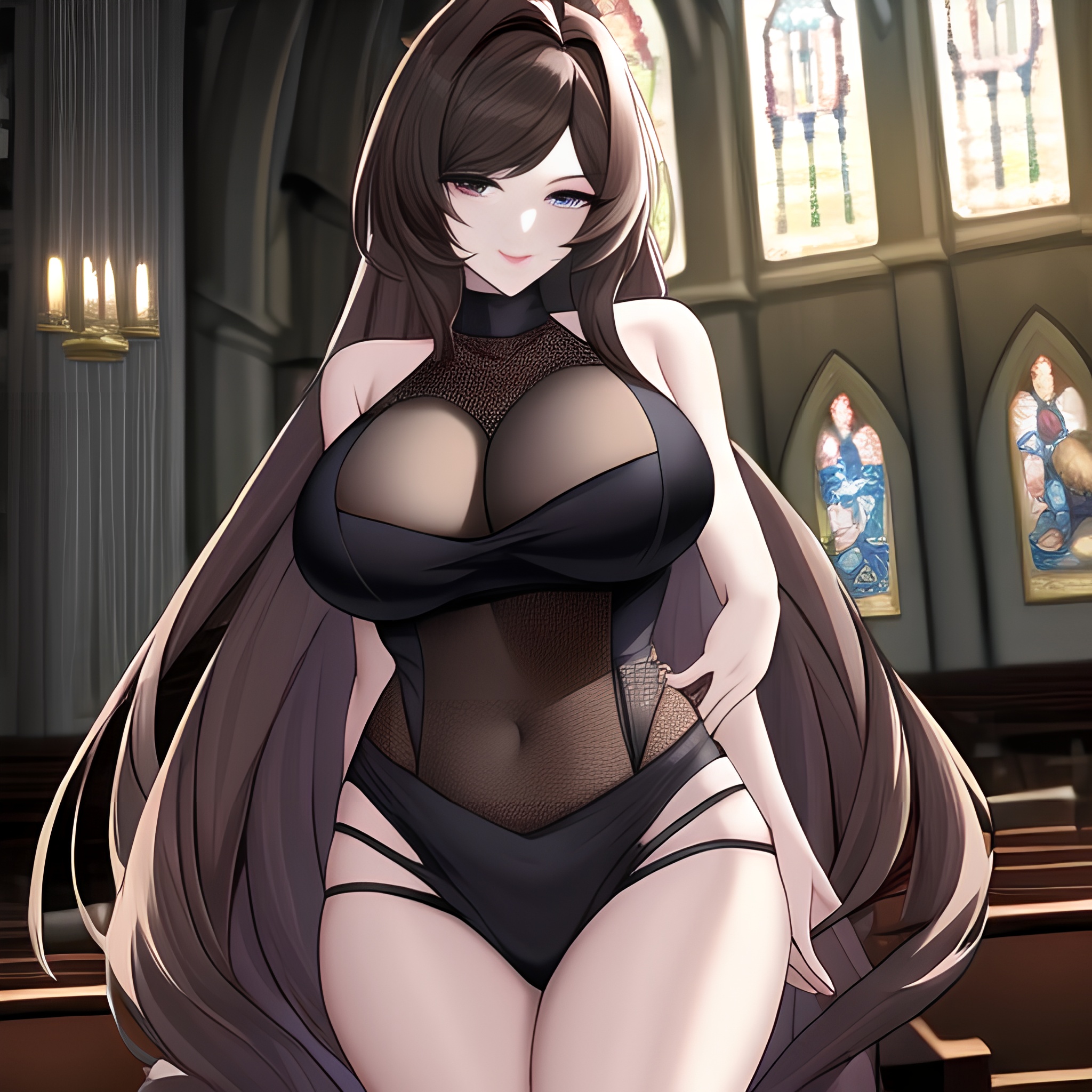 brunette woman church messy hair long hair fishnet