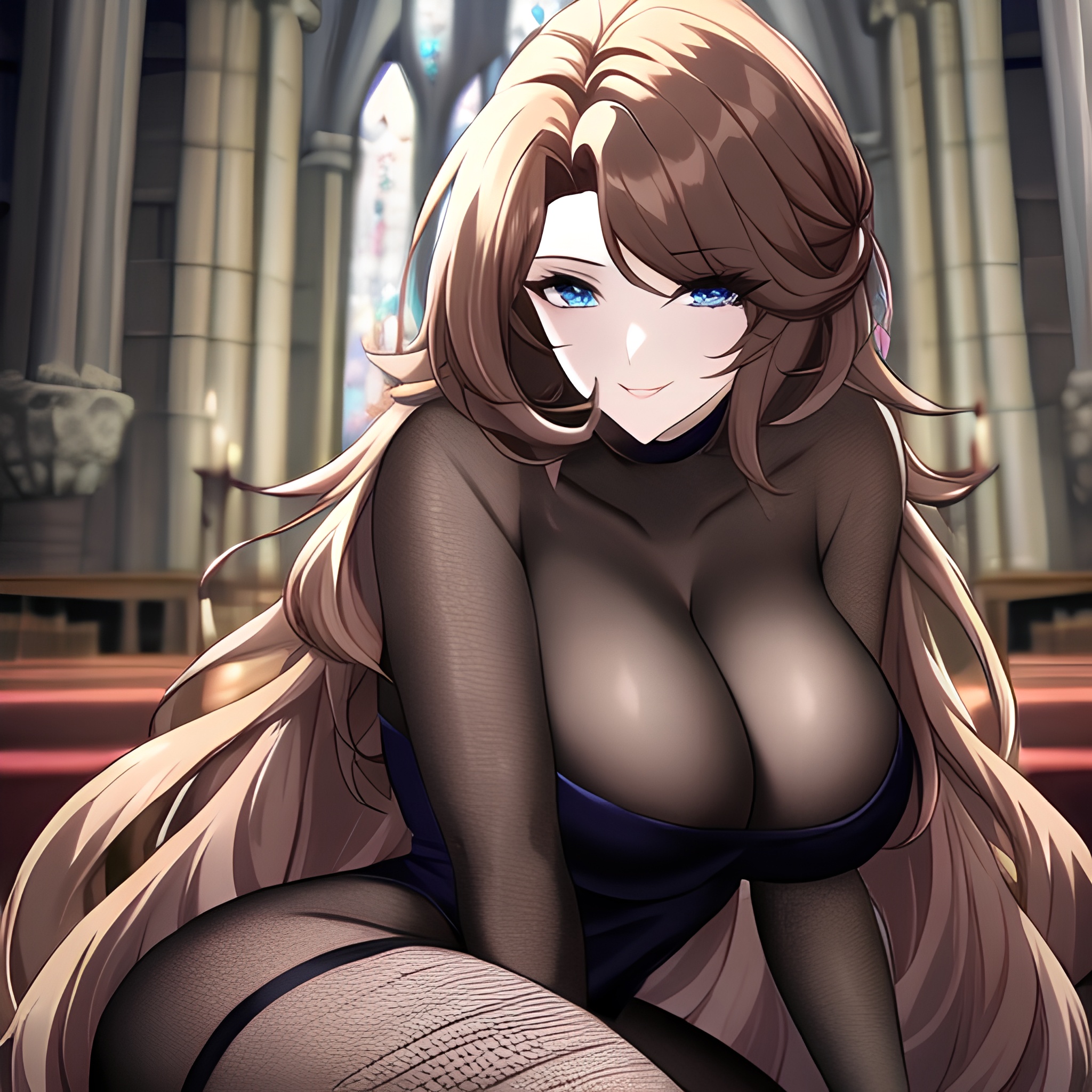 brunette woman fishnet church long hair messy hair