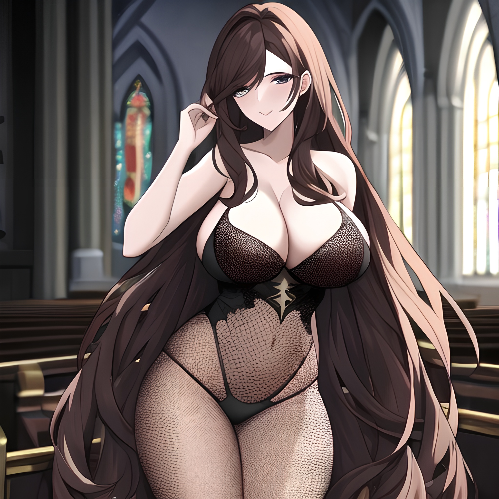 brunette woman fishnet church long hair messy hair 