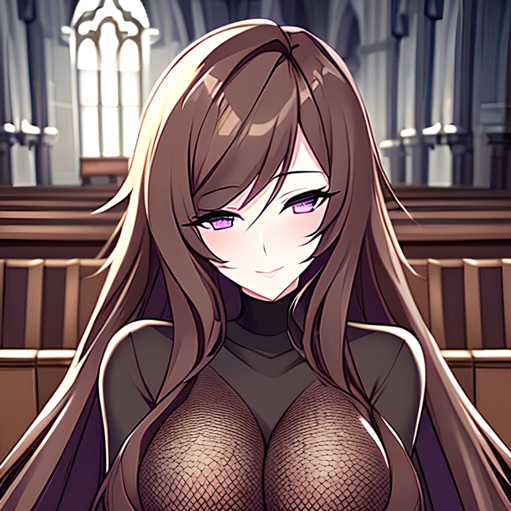 brunette woman fishnet church long hair messy hair 