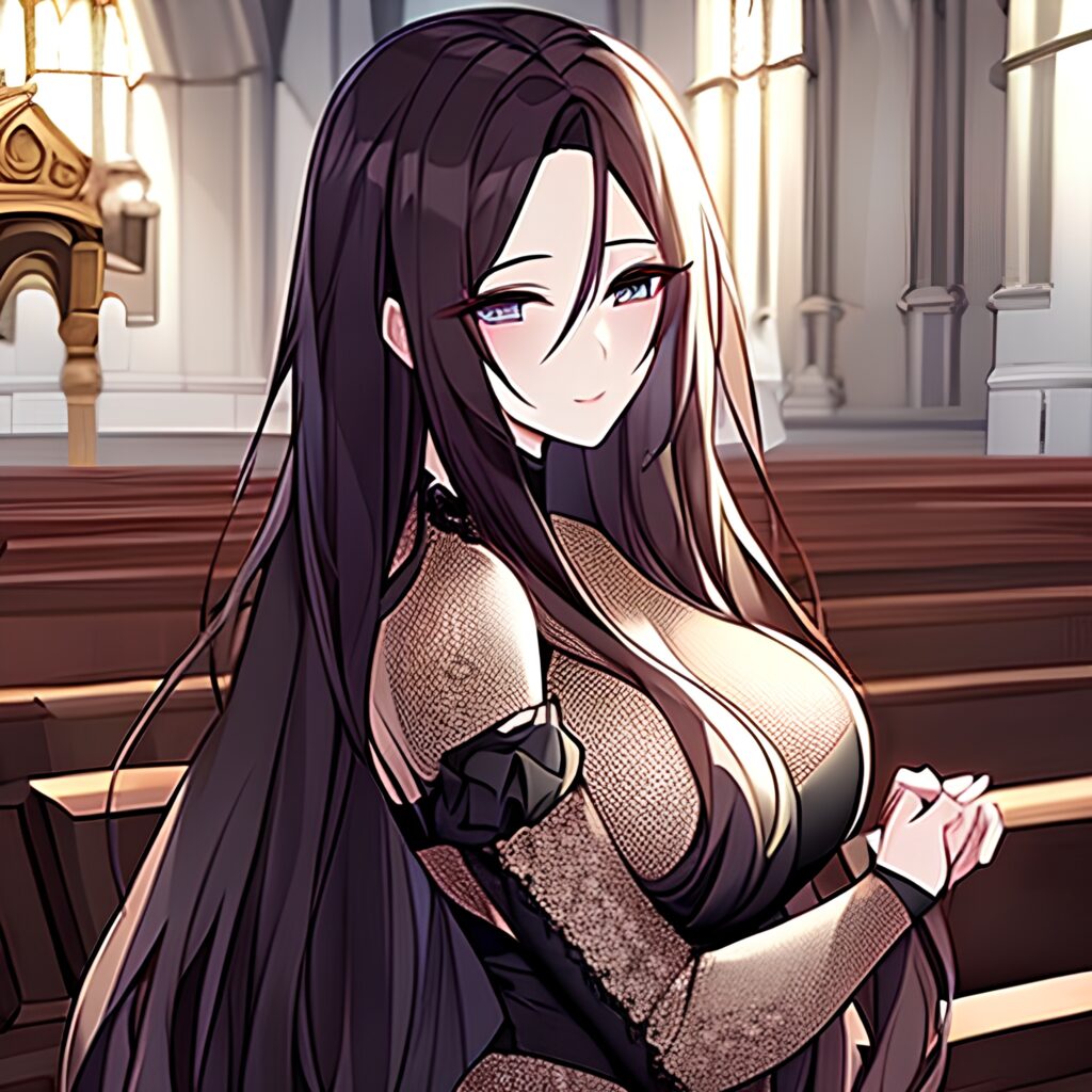 brunette woman fishnet church long hair messy hair