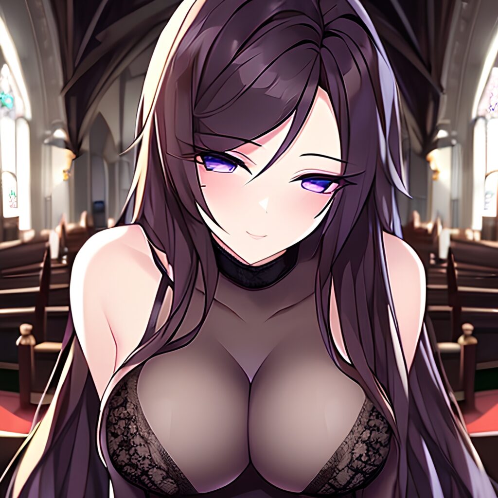 brunette woman fishnet church long hair messy hair 