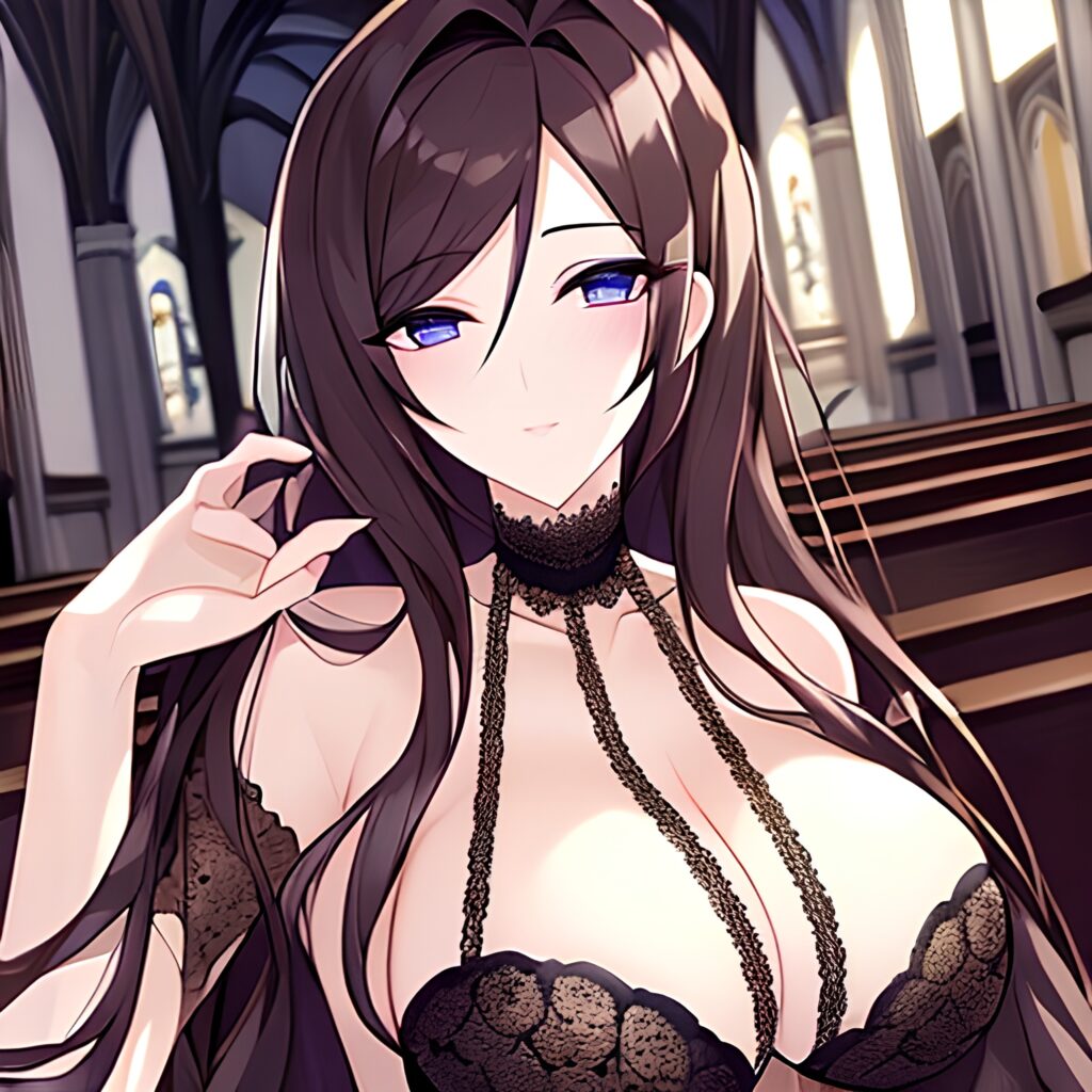 brunette woman fishnet church long hair messy hair