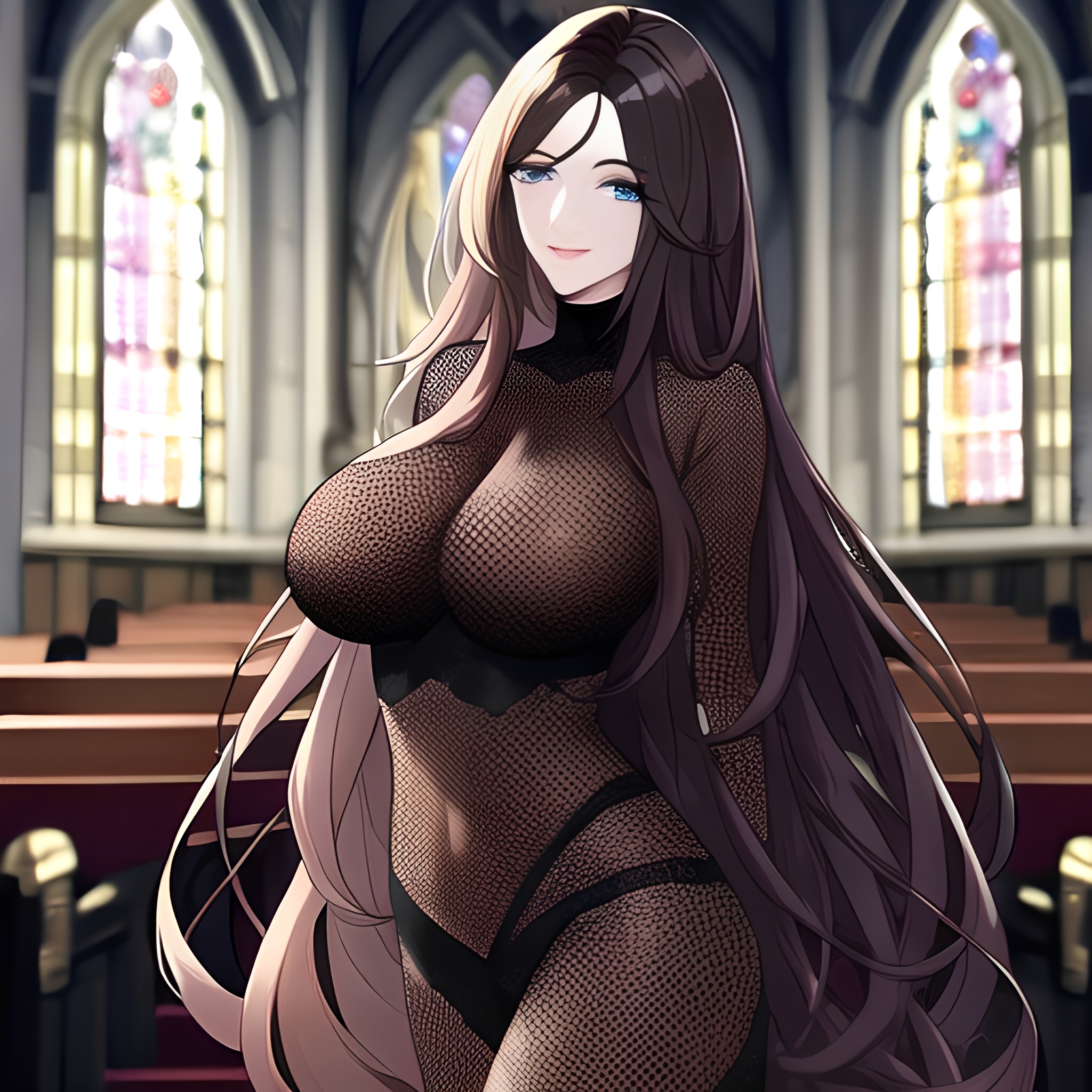 brunette woman fishnet church messy hair long hair 