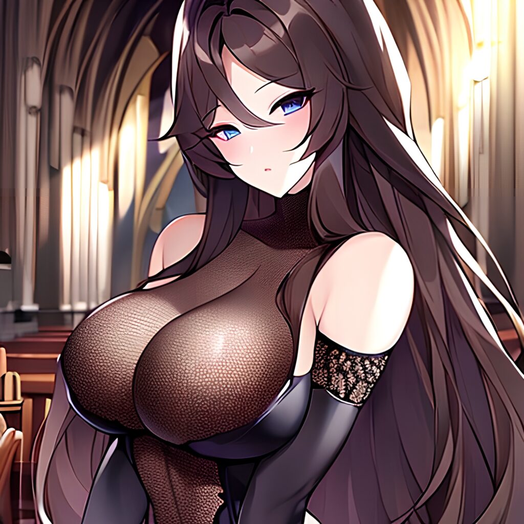 brunette woman fishnet church messy hair long hair