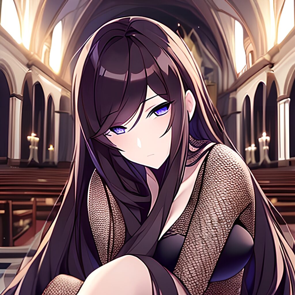 brunette woman fishnet church messy hair long hair