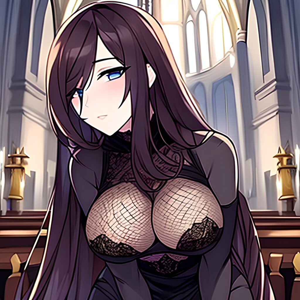 brunette woman fishnet church messy hair long hair