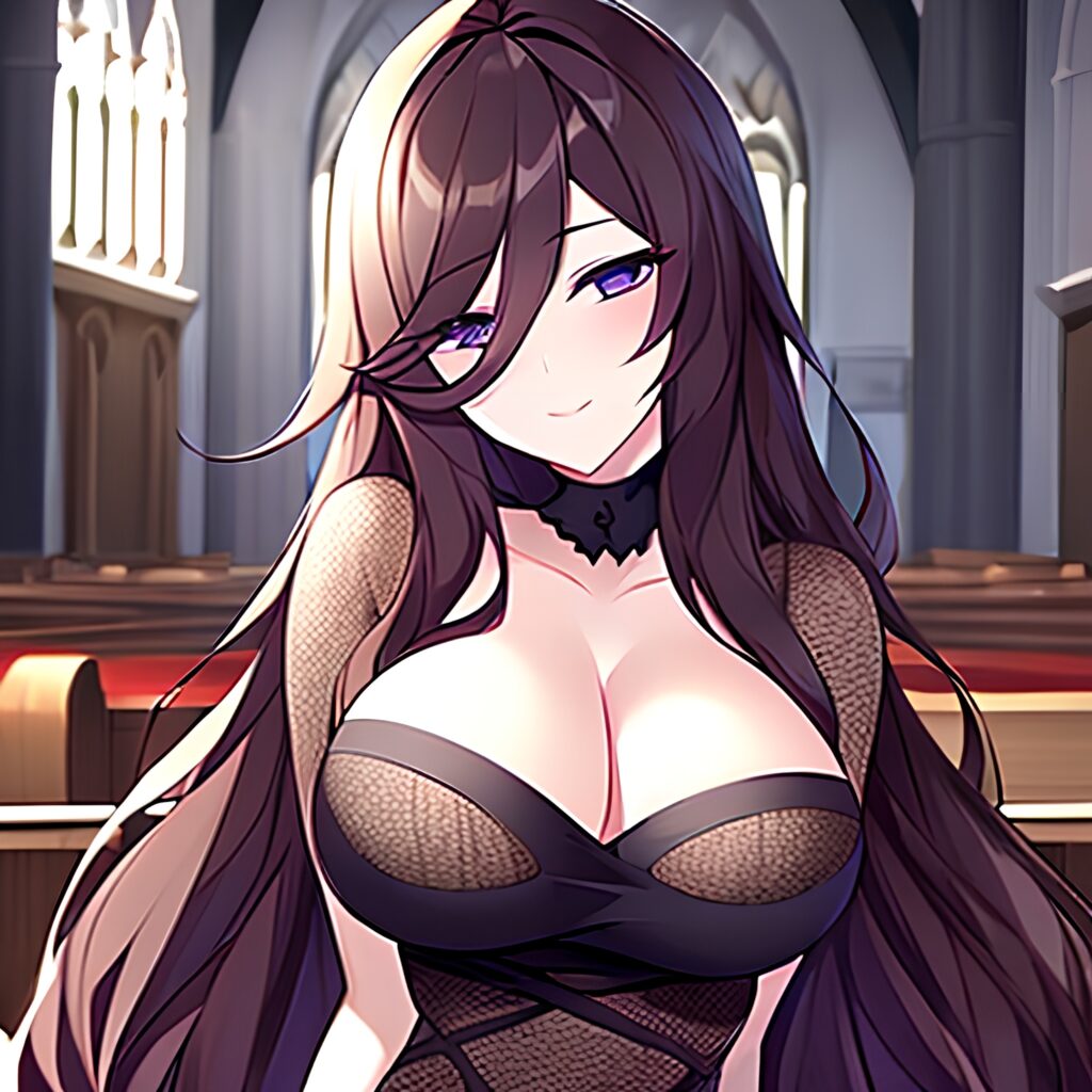 brunette woman fishnet church messy hair long hair