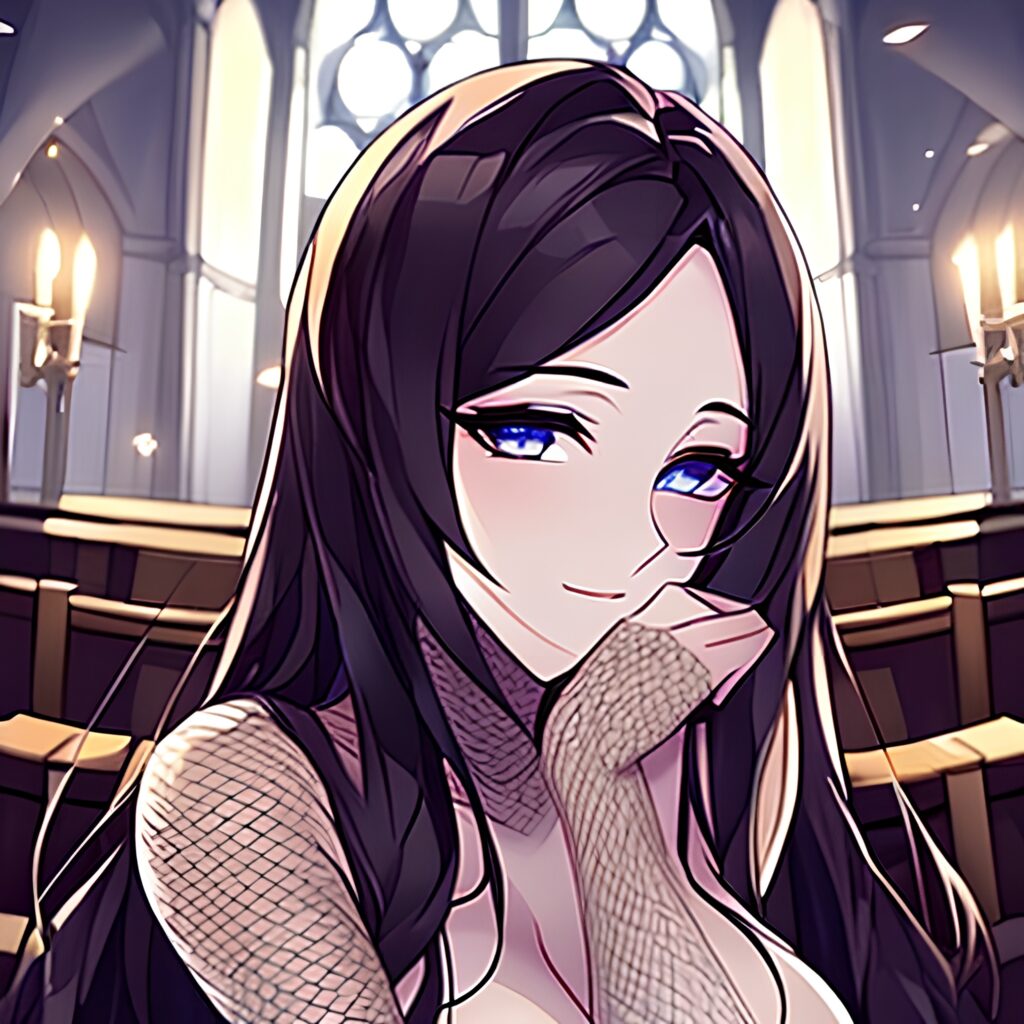 brunette woman fishnet church messy hair long hair 