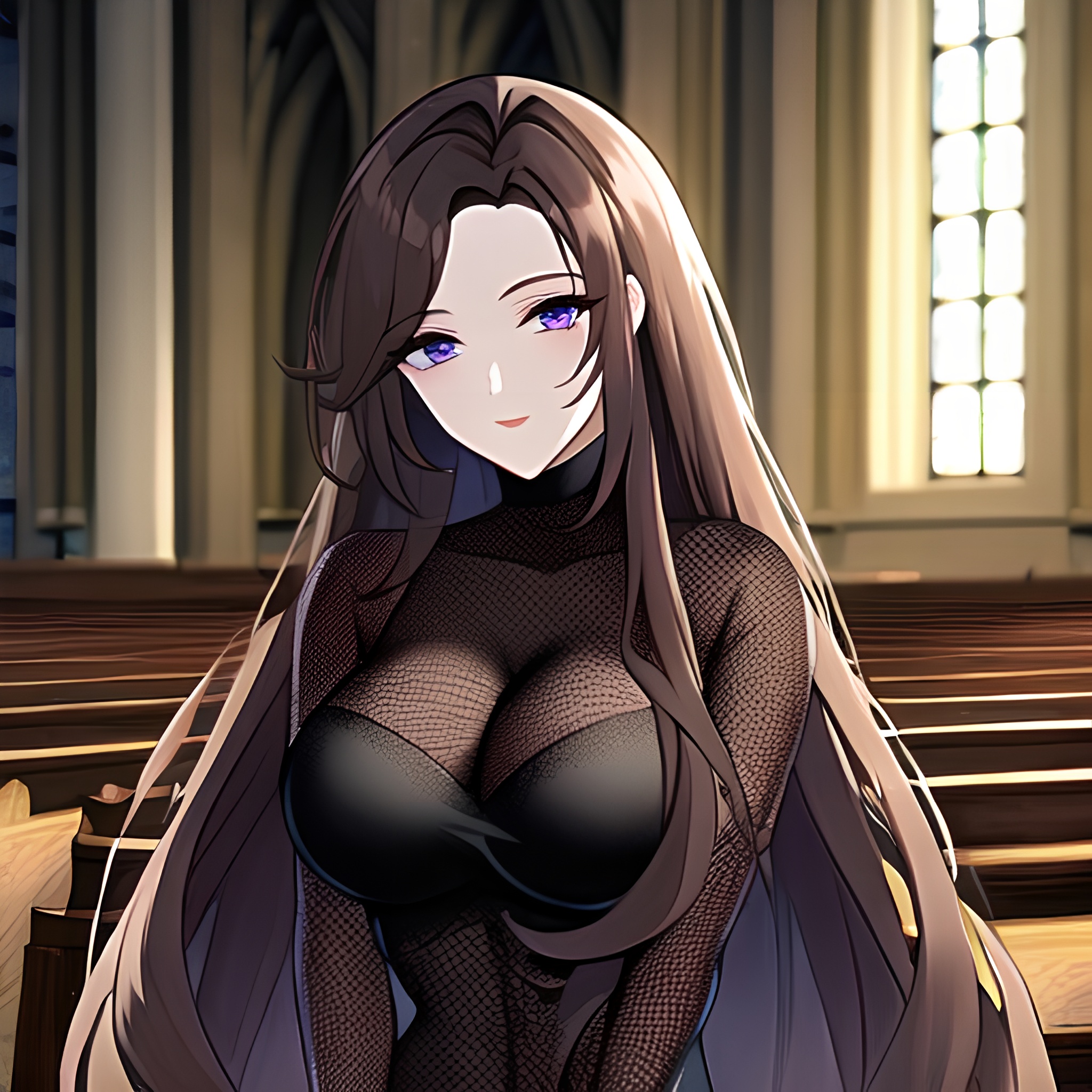 brunette woman fishnet messy hair church long hair 
