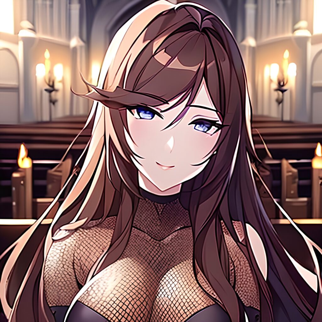 brunette woman fishnet messy hair church long hair 