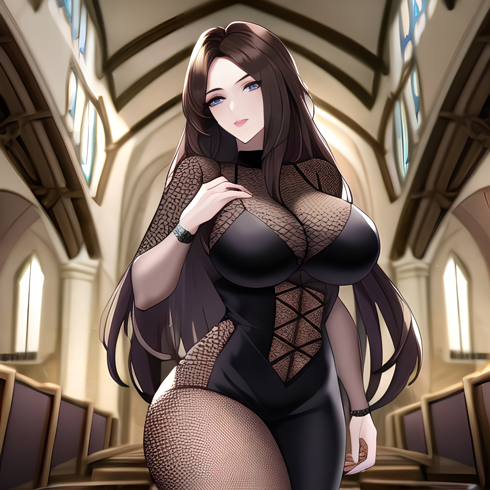 brunette woman fishnet messy hair long hair church 