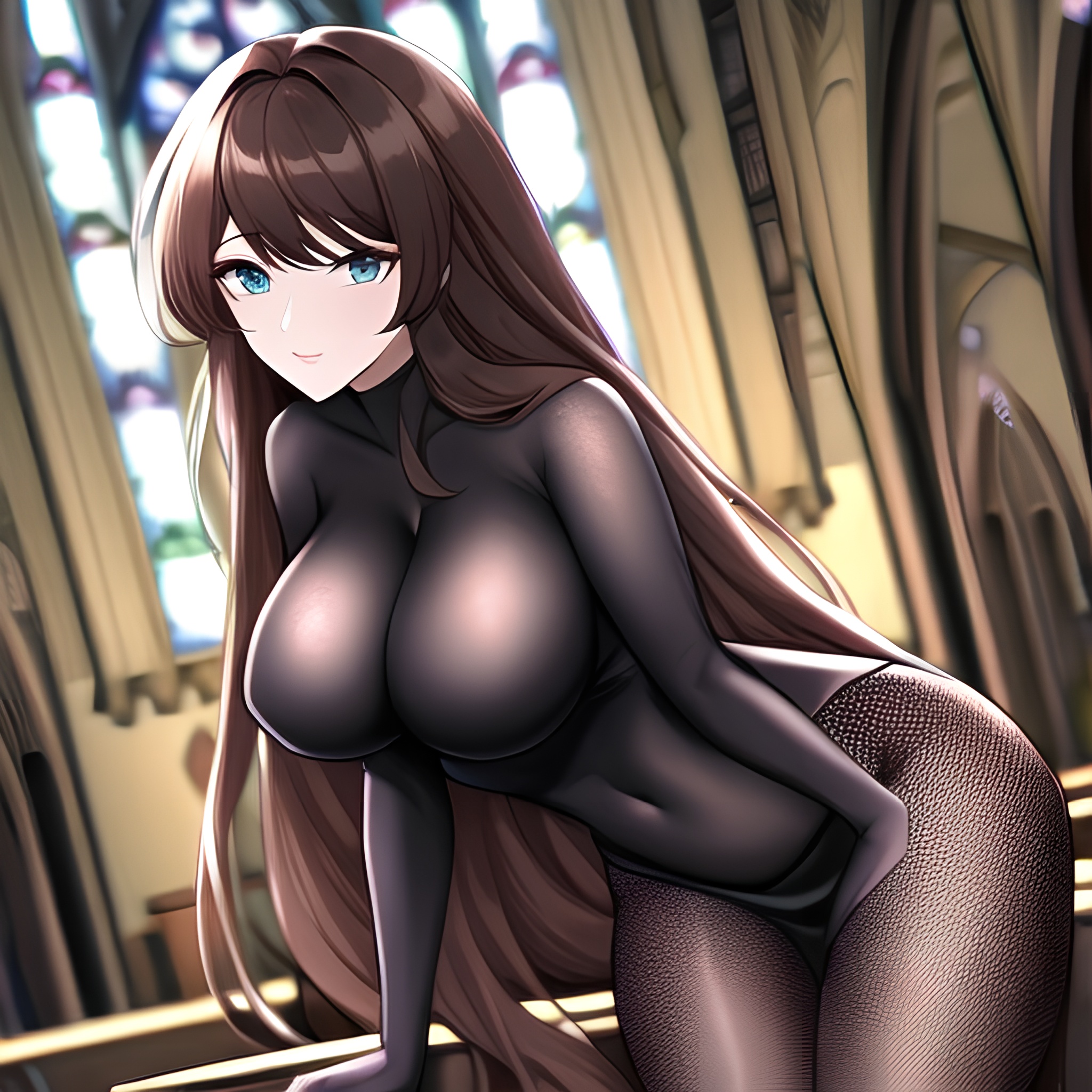 brunette woman fishnet messy hair long hair church 