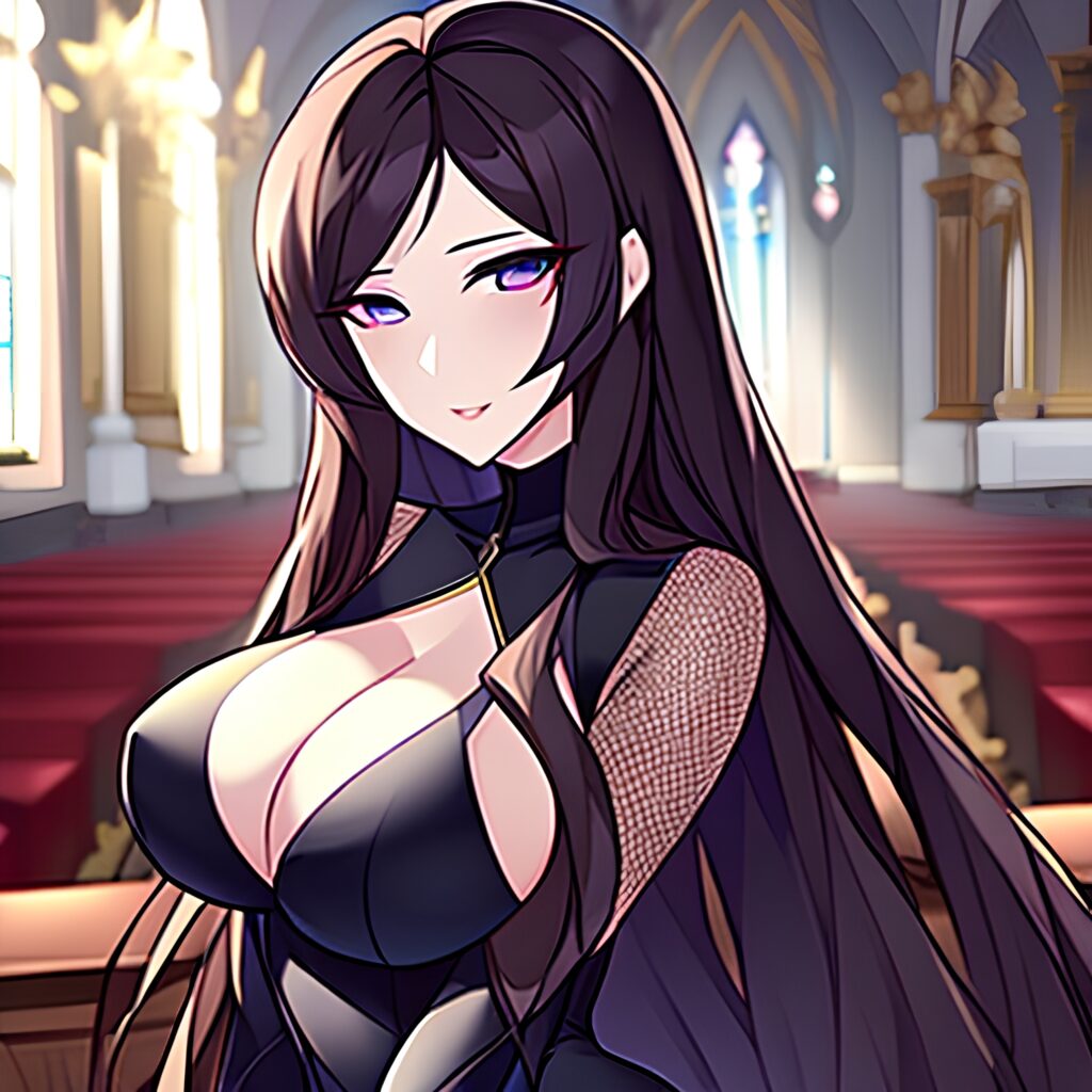 brunette woman fishnet messy hair long hair church