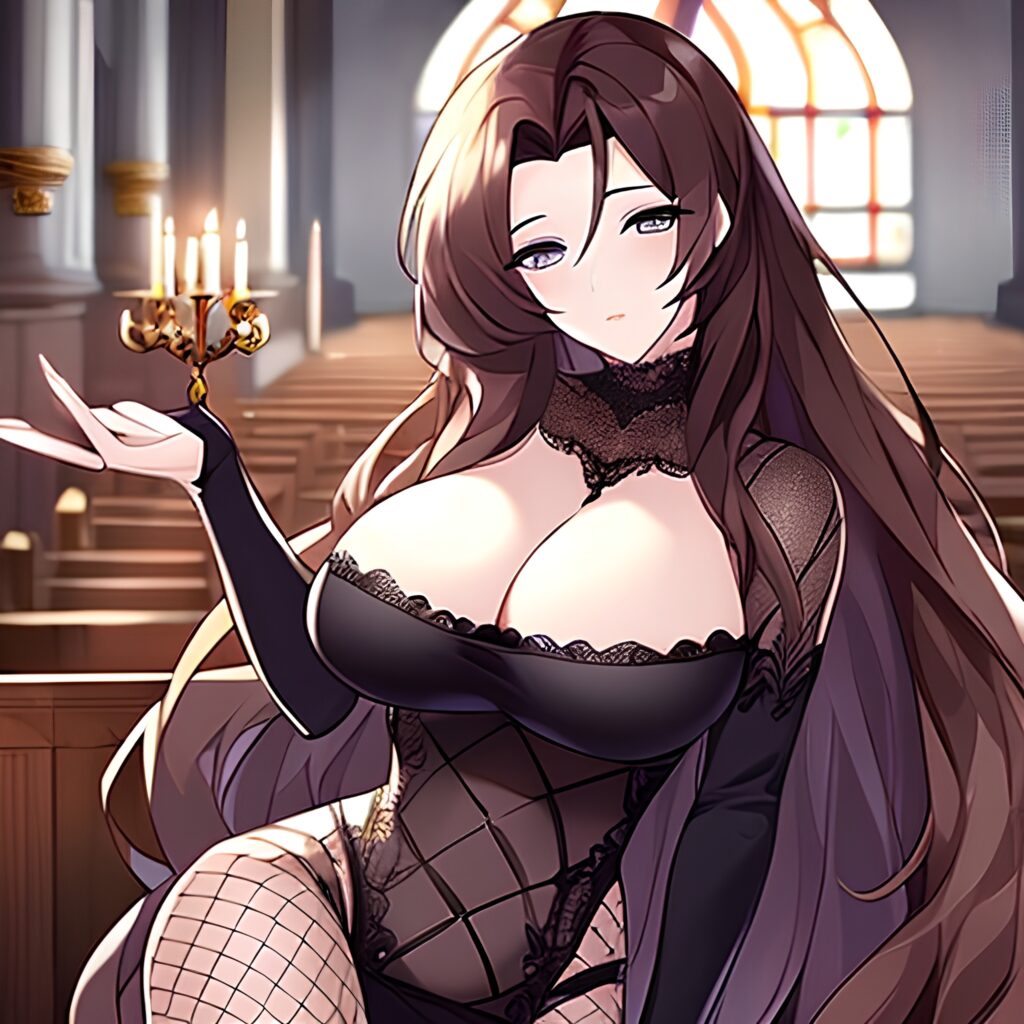 brunette woman fishnet messy hair long hair church 