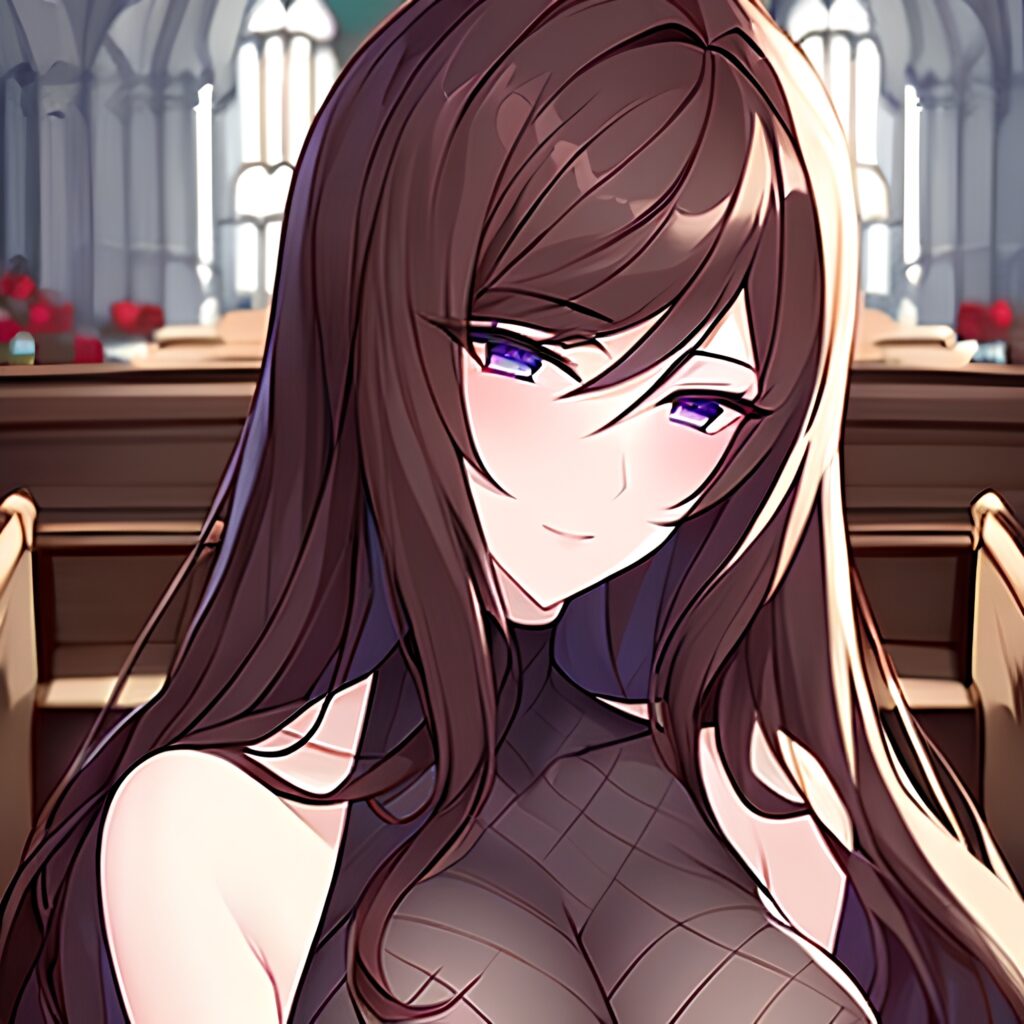 brunette woman long hair church fishnet messy hair