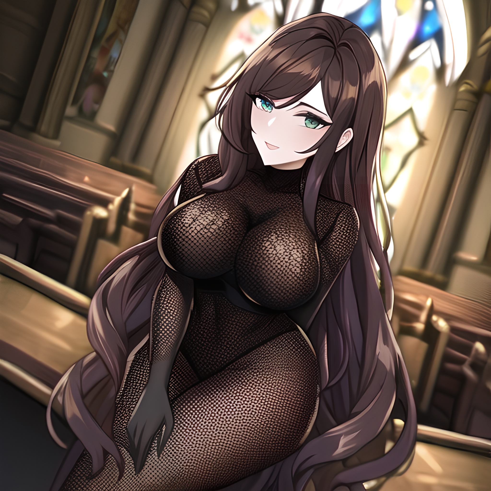 brunette woman long hair church fishnet messy hair 