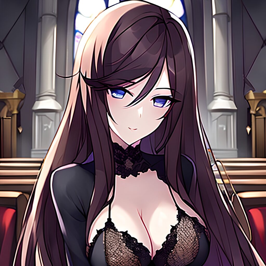 brunette woman long hair church messy hair fishnet 