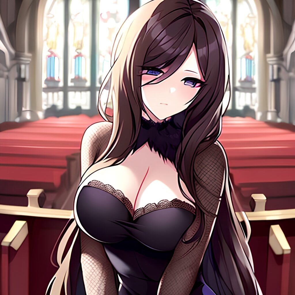 brunette woman long hair church messy hair fishnet 