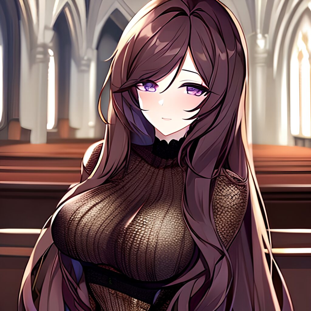 brunette woman long hair fishnet church messy hair