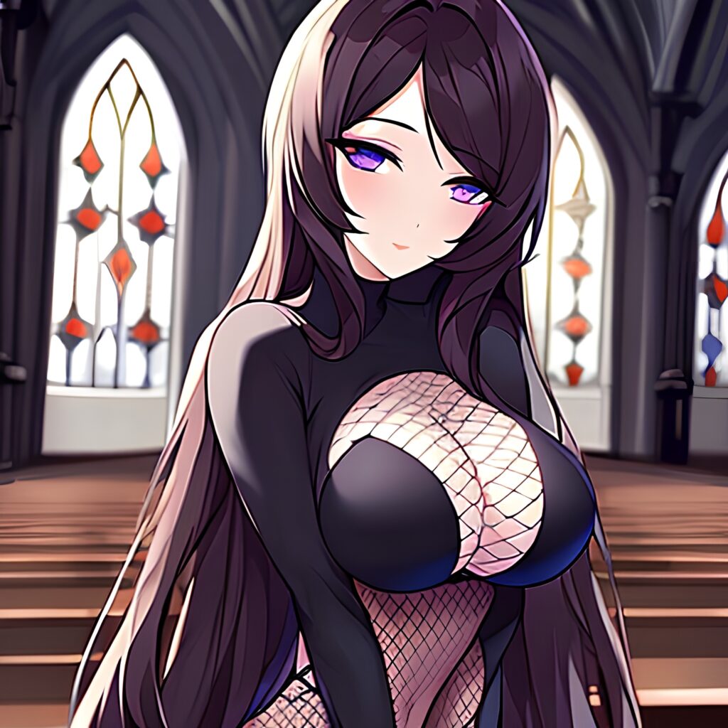 brunette woman long hair fishnet messy hair church