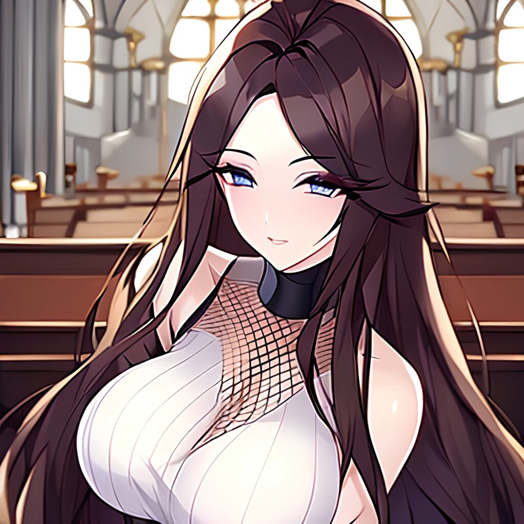 brunette woman long hair fishnet messy hair church 