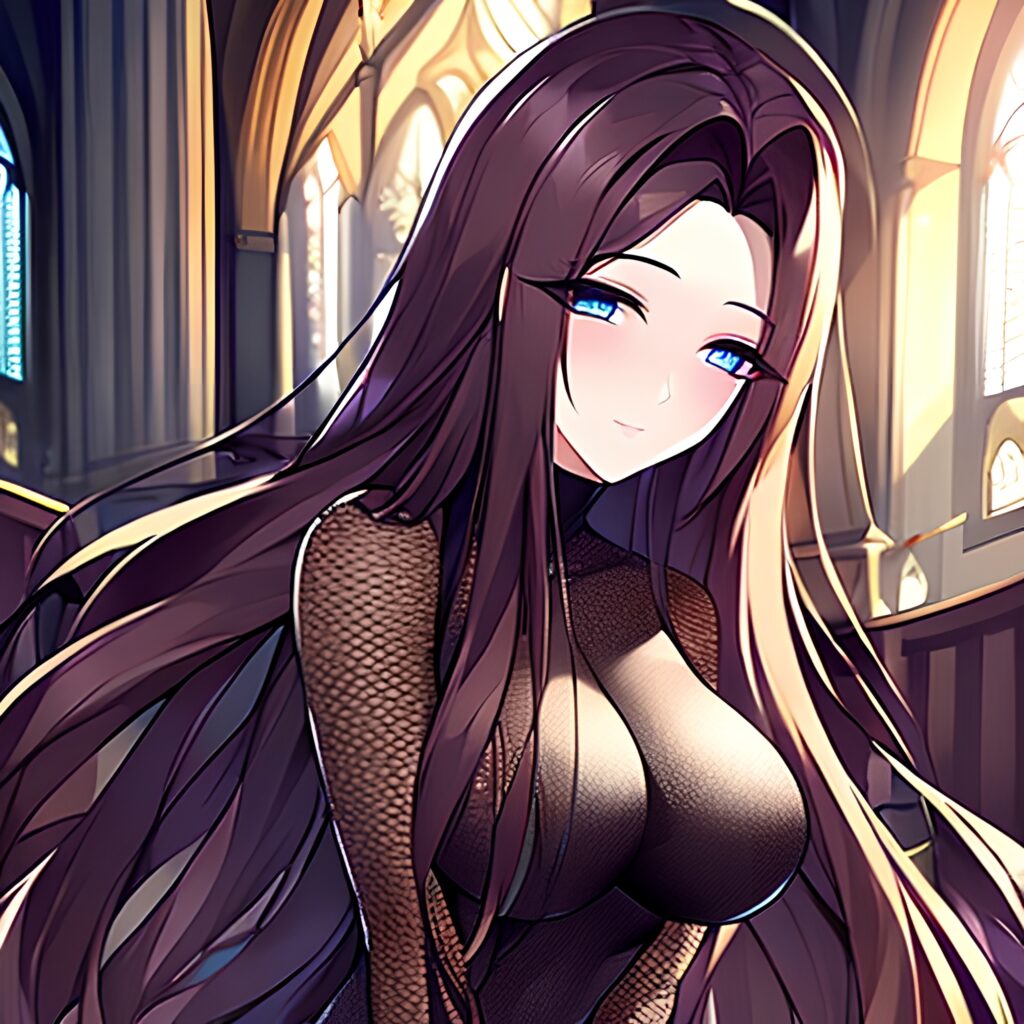 brunette woman long hair fishnet messy hair church