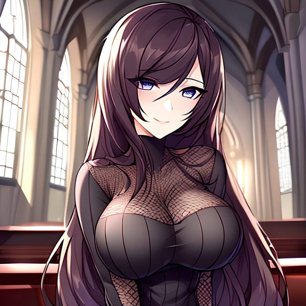 brunette woman long hair messy hair church fishnet 