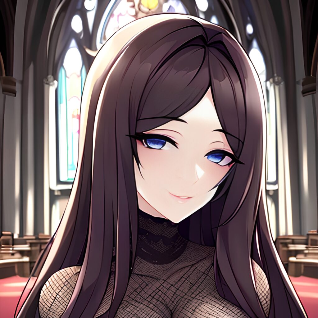 brunette woman long hair messy hair church fishnet