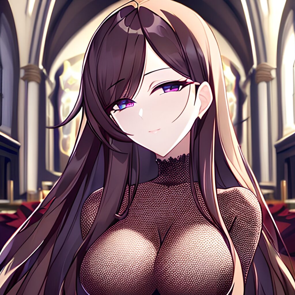 brunette woman long hair messy hair church fishnet