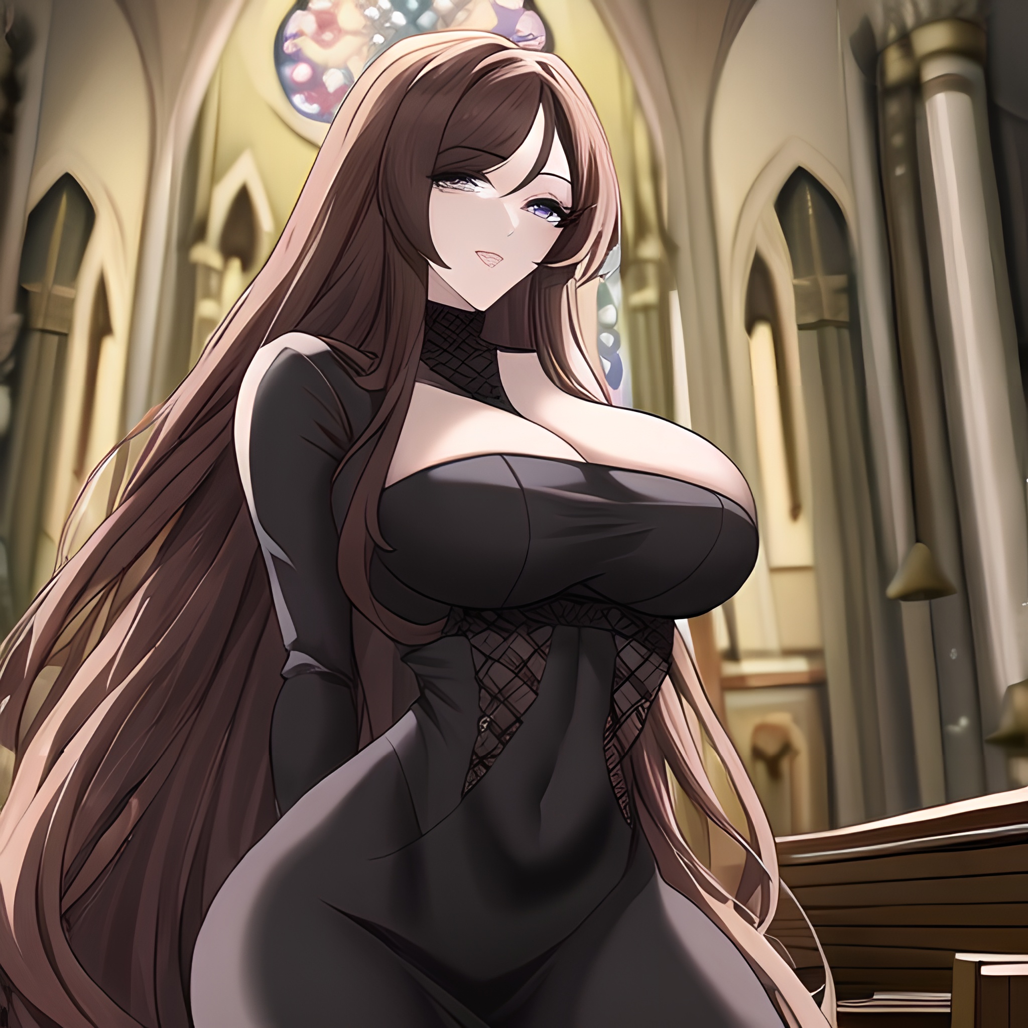 brunette woman long hair messy hair fishnet church 