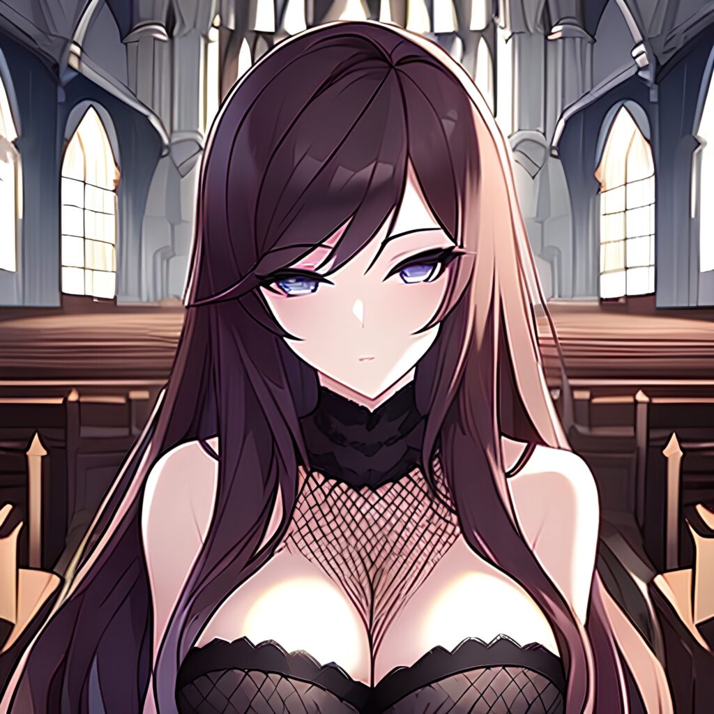 brunette woman messy hair church fishnet long hair 