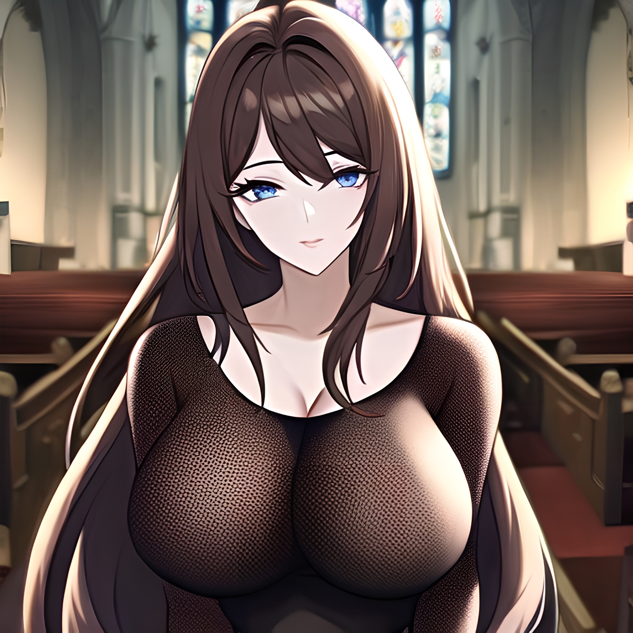 brunette woman messy hair church long hair fishnet