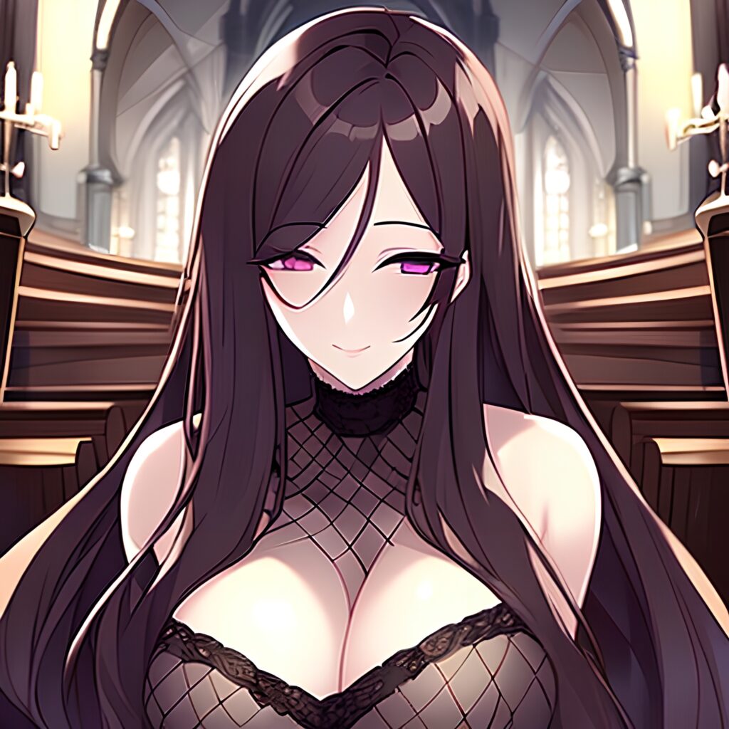 brunette woman messy hair church long hair fishnet