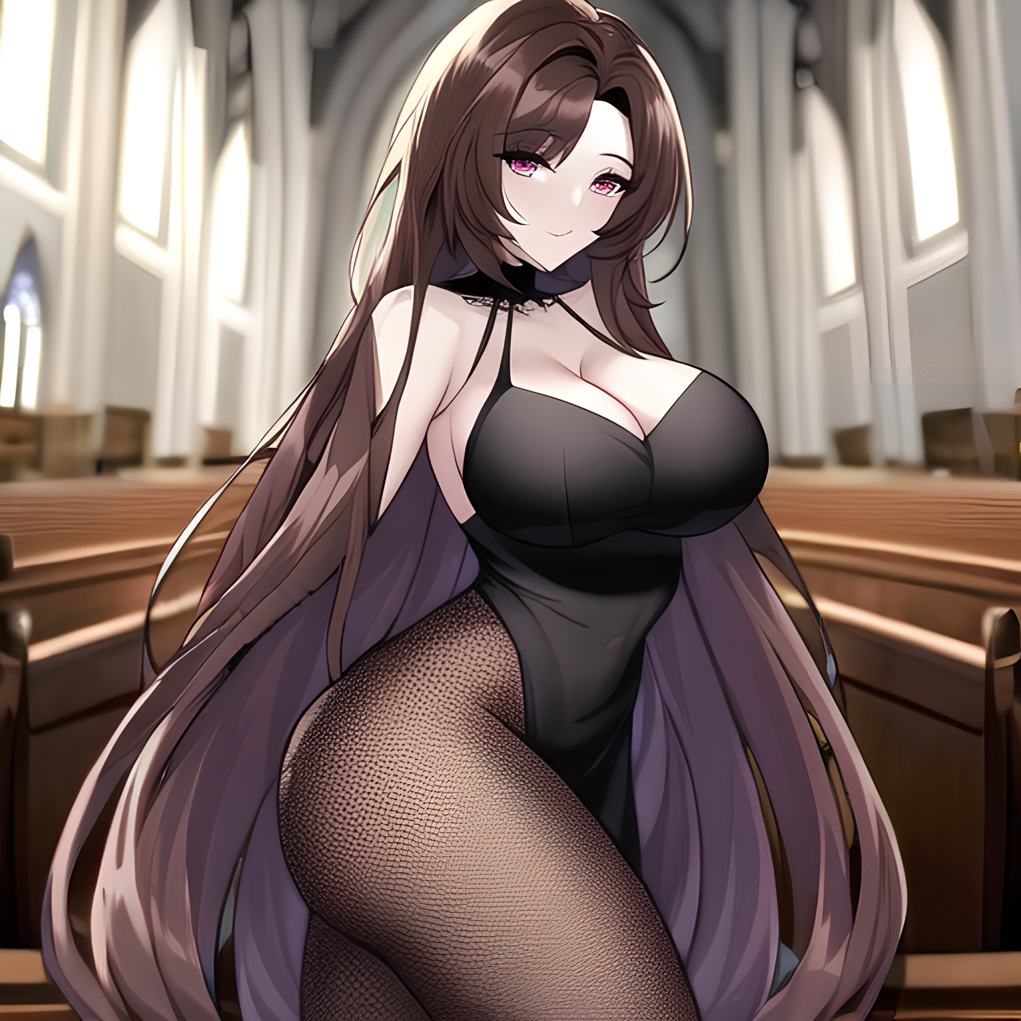 brunette woman messy hair fishnet church long hair