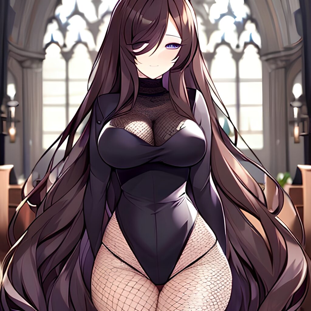 brunette woman messy hair fishnet church long hair