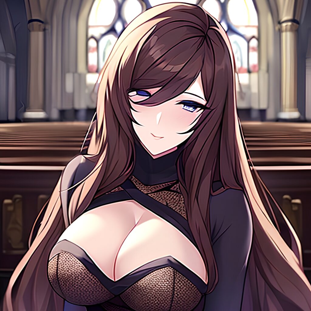 brunette woman messy hair fishnet church long hair