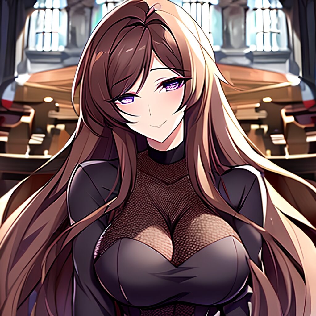 brunette woman messy hair fishnet church long hair