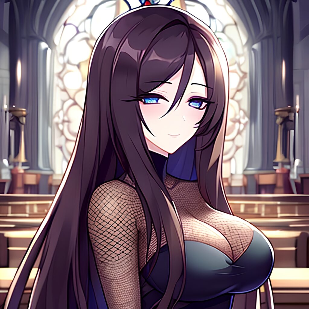 brunette woman messy hair fishnet church long hair 