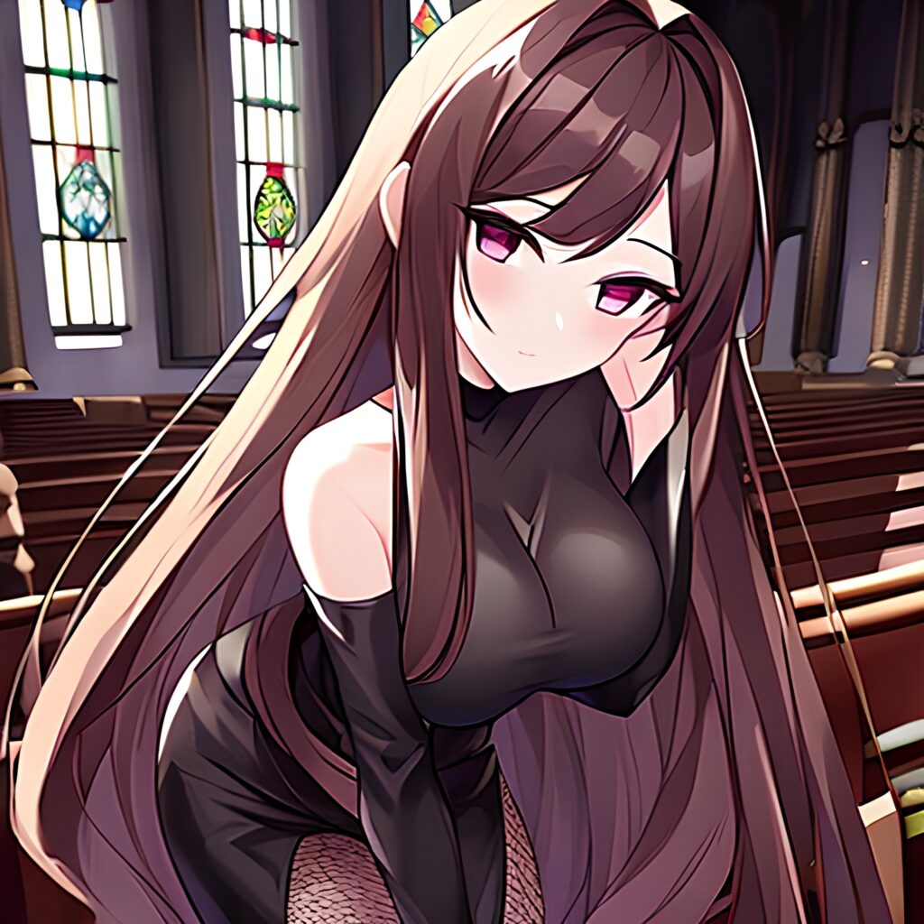 brunette woman messy hair fishnet church long hair
