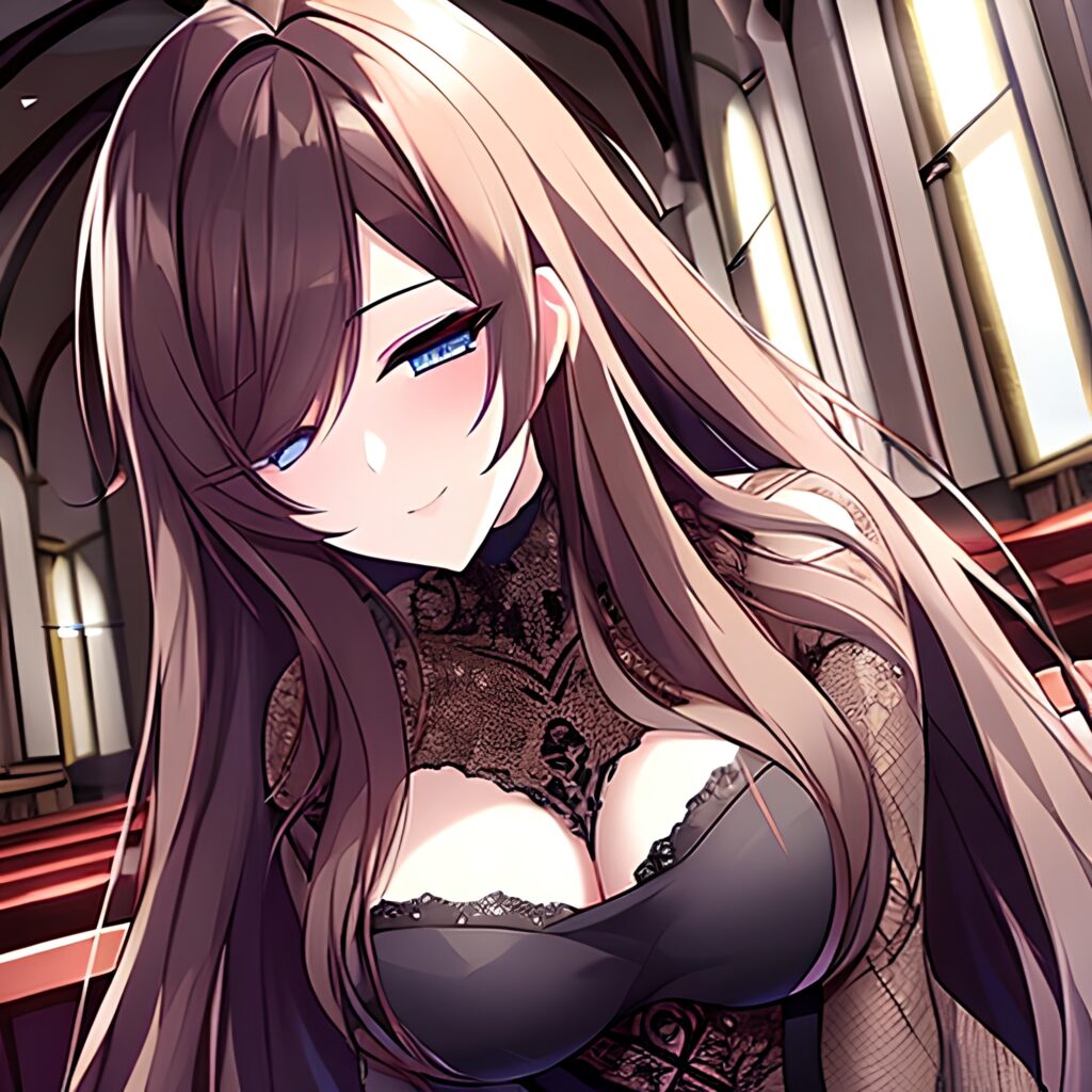 brunette woman messy hair fishnet long hair church